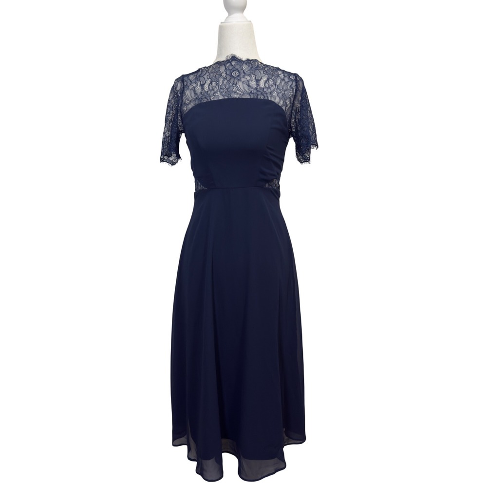 ASOS Navy Lace Midi Dress V Back‎ Fit & Flare Cocktail Wedding Guest